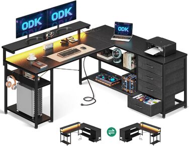 Письмовий стіл ODK з шухлядами, кутовий стіл L-подібний з підсвіткою LED, розетками та USB, для домашнього офісу, чорний, 135×110 см
