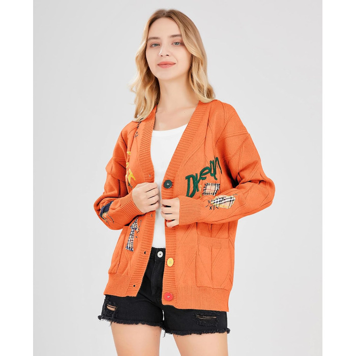 В'язана жилетка Daen з косами, довгі рукави, відкрита спереду, V-подібний виріз, застібка на ґудзики, вишивка, вовняна суміш, Пуловер, Куртка, Одяг для активного відпочинку (XXL, Помаранчевий/Бурштиновий у зигзагоподібному візерунку (Sunset Chevron))