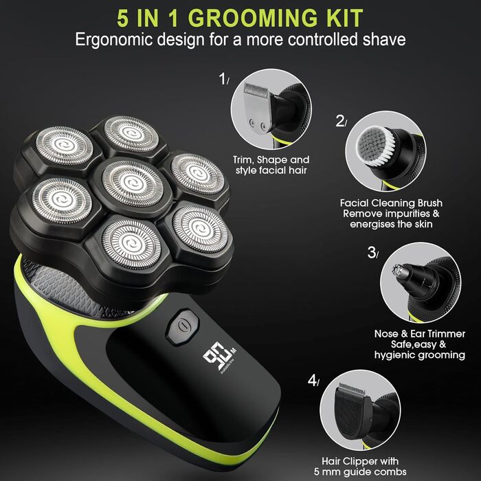 Електричний голєва машина 7D для чоловіків з LED-дисплеєм, IPX7 водонепроникність, USB-C зарядка