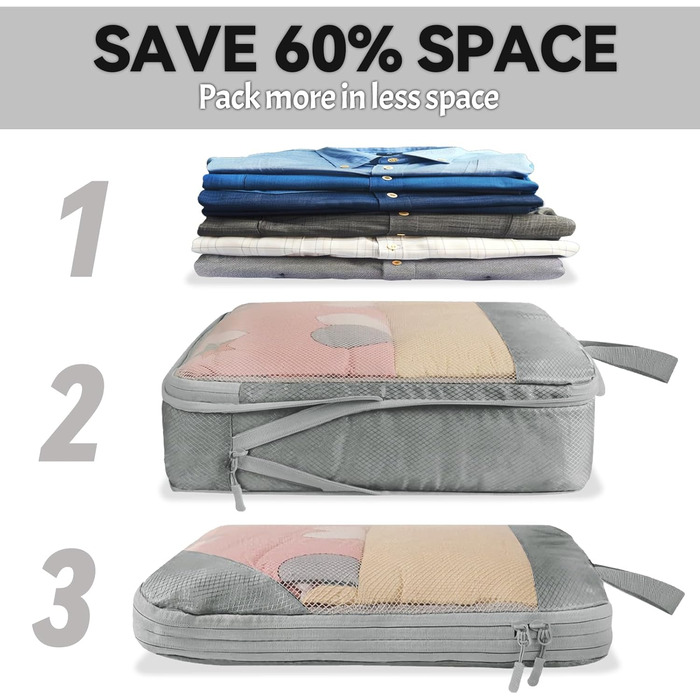 Набір органайзерів для валізи 8 шт., компресійні пакети для подорожей, сірий колір