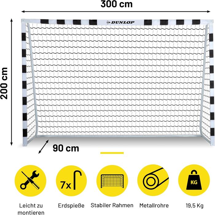 Ворота для футболу Dunlop - 240 x 160 x 85 / 120 x 300 x 200 см - Металеві - Аксесуар для футбольного тренування для всіх вікових груп - Легка збірка - (Чорний/Білий, 300x200x90 см)