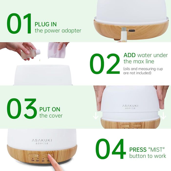 Дифузор аромату ASAKUKI 500 мл, ультразвуковий аромадифузор для ефірних олій, зволожувач повітря з пультом керування, автовимкнення без води, 7 кольорів LED-підсвічування (міні)