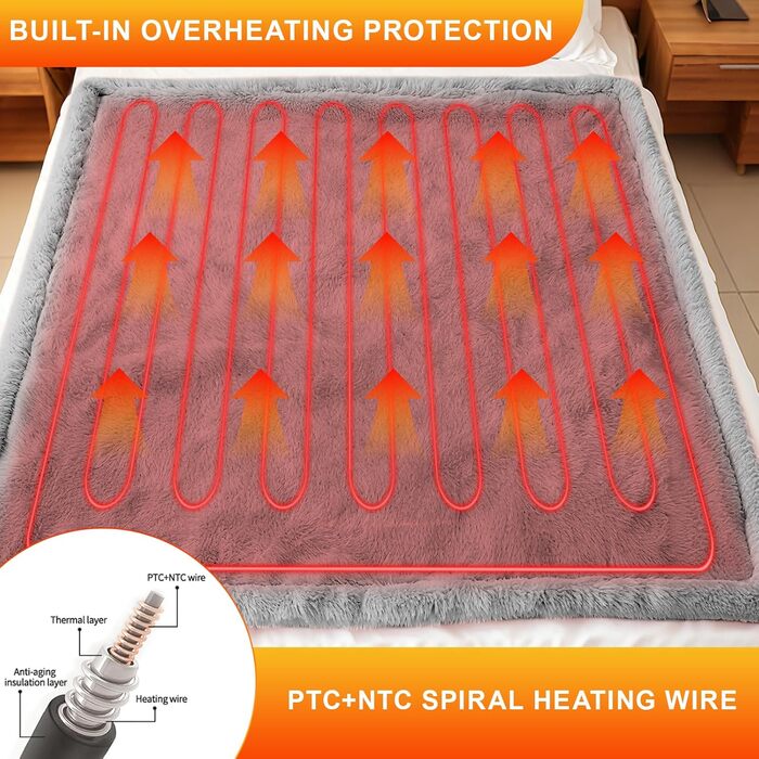 Електрична ковдра Aischens з фланелі, бавовни та шерпи, 130x180 см, двошарова, швидкий нагрів 30S, захист від мікроорганізмів, режим сну, 6 температурних режимів, таймер 1-10 годин, захист від перегріву, сірий колір
