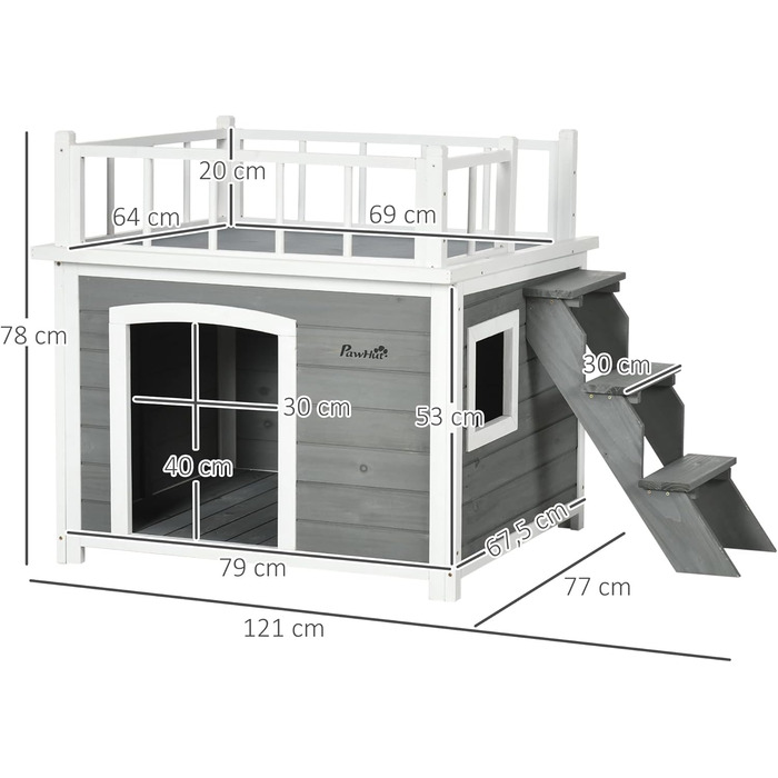 Будка для собак PawHut з балконом та сходами, будиночок для дрібних та середніх собак, з вікном, з соснового дерева, 121 x 77 x 78 см (Світло-сірий)