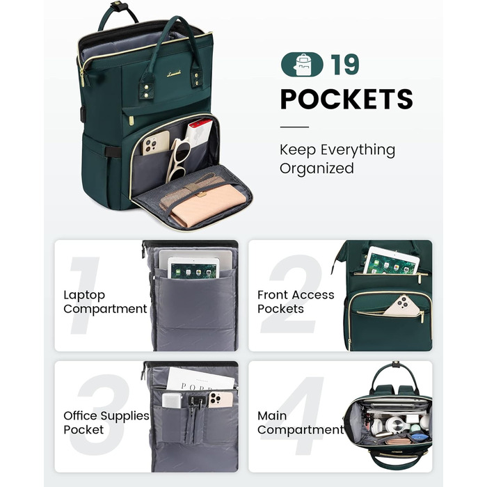 Рюкзак LOVEVOOK для жінок: водонепроникний, з USB-портом, 17' (15.6'), для навчання, роботи, подорожей, сірий/темно-зелений