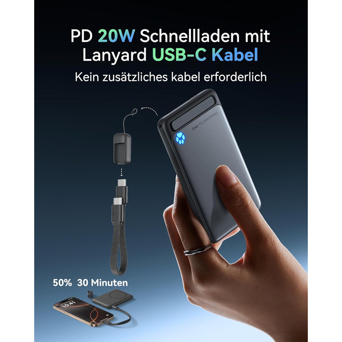 Power Bank INIU Magsafe 20W 5000mAh з магнітним кріпленням, Qi2, USB-C, з кабелем та підставкою, чорний