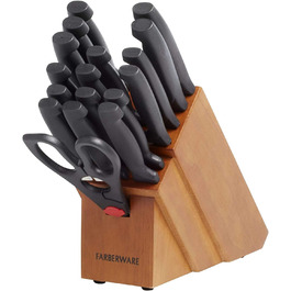 Farberware 18-Piece Stainless Steel Knife Block Set with Non-Slip Grips - Black/Natural Finish