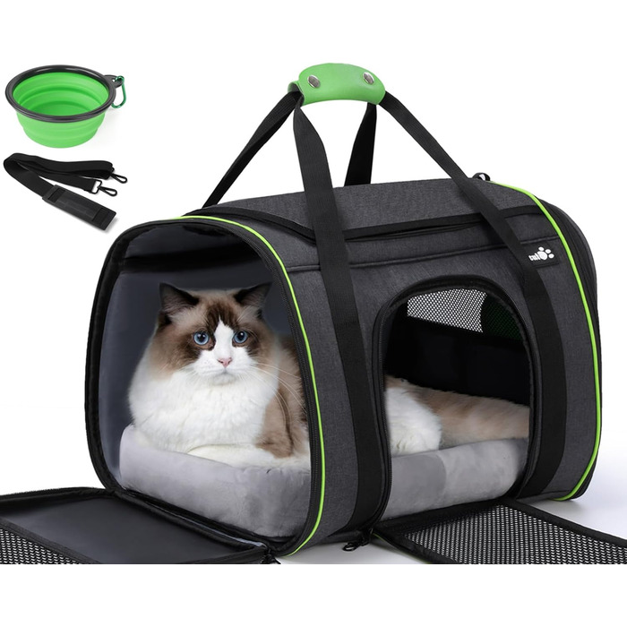Транспортна переноска для котів Pecute, переноска-ліжко для тварин, складана переноска-сумка для котів та собак, переноска для собак з регульованим плечовим ременем, XL (45 x 35 x 32 см), темно-сірий + зелений (з подушкою)