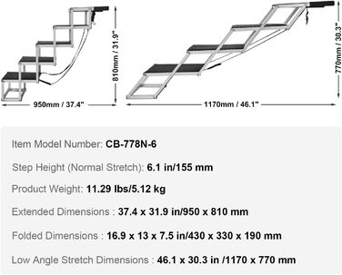 Сходинка для собак VEVOR: 5-ступенева автотреп'я для собак, легка алюмінієва конструкція, протиковзна поверхня, для авто, SUV та LKW