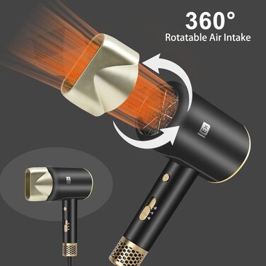 Професійний фен 2000W з 2 режимами температури та 2 швидкостями, насадкою-концентратором, кнопкою холодного повітря для дому, салону краси та подорожей (чорний)