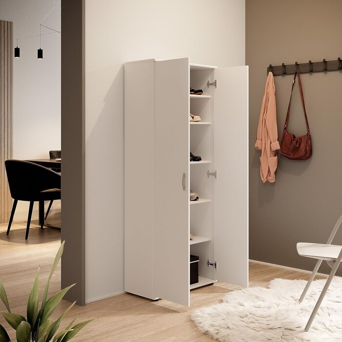 Stella Trading 3 Shoe Cabinet Tall, White - Versatile multipurpose cabinet with adjustable shelves - 70 x 176 x 35 cm (W/H/D)