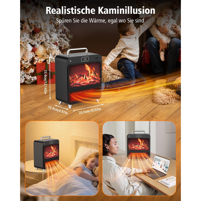 Електричний обігрівач 1500W з термостатом та таймером, тихий (34dB), захист від перегріву та перекидання, з пультком, чорний та срібний