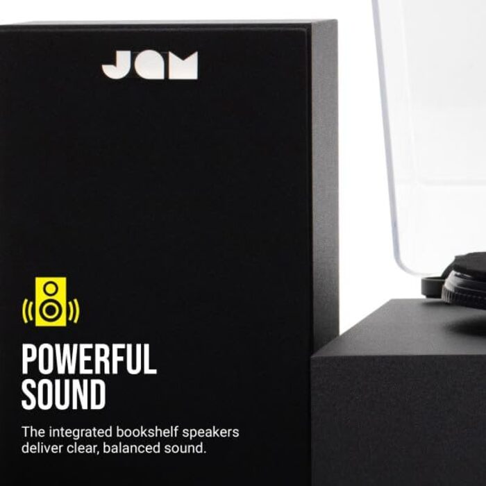 Програвач вінілових пластинок JAM з колонками Bluetooth – чорний. 3 швидкості, вбудовані динаміки, пилозахисний ковпак, попередньо налаштований тонарм, засіб для чищення вінілу.