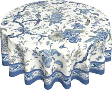 Кругла скатертина Giwawa Chinoiserie 152 см, синьо-біла, з квітами та птахами, порцеляновий орнамент, східний стиль, термостійка, багаторазова, для кухні та їдальні