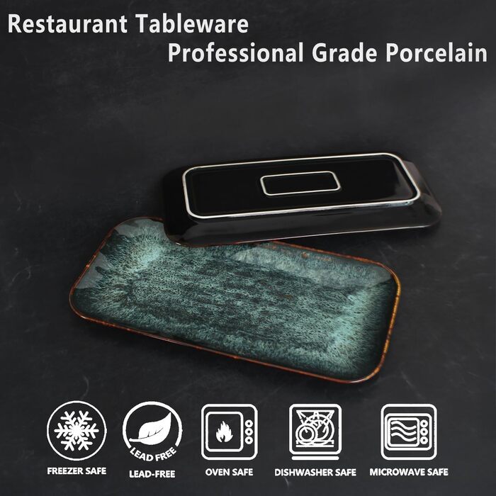 Набір керамічних тарілок YA JU (4 шт.) для основних страв, стейків, пасти, ризотто та закусок. Мікрохвильова піч, духовка, мийка посуду, стійкість до подряпин. Чорний прямокутний посуд