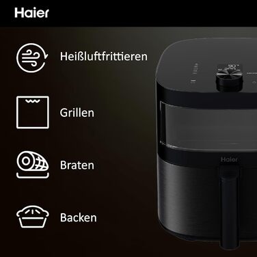 Аерофритюрниця Haier 7 л з вікном, 9 програм, 1700 Вт, LED-дисплей, без олії, для здорового приготування, серія 5 HAF5TWA3, посудомийна, з аксесуарами