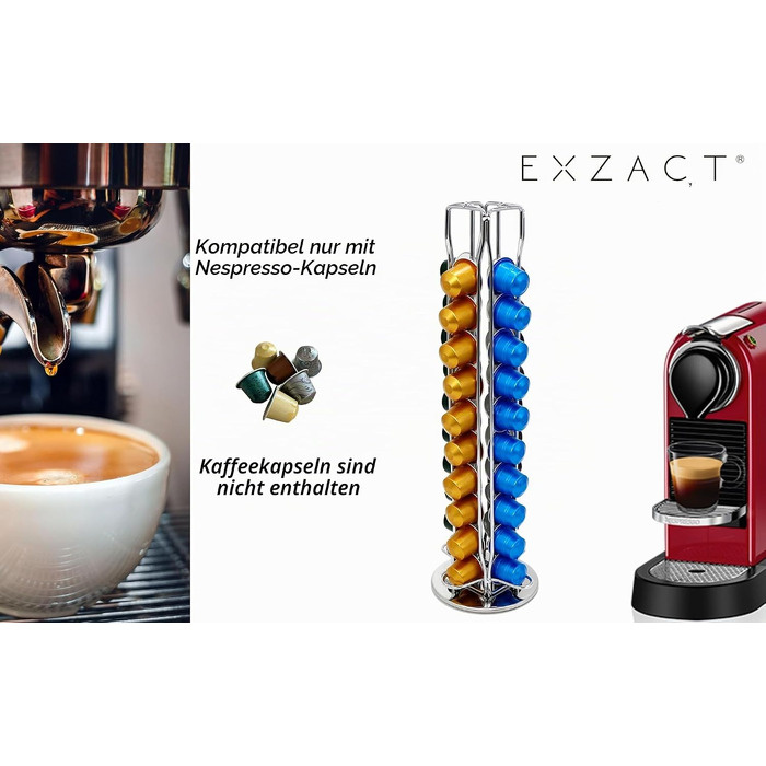 Органайзер для кавових капсул Exzact, сумісний з Nespresso (на 40 капсул) — обертовий підставний тримач для кавових капсул, протиковзкий, сріблястий