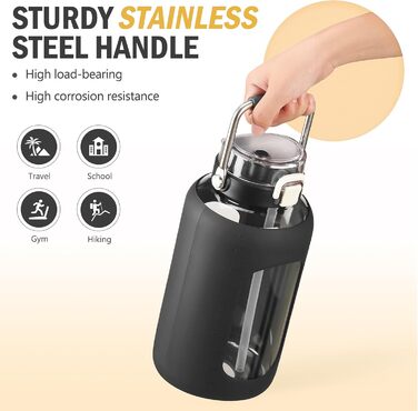 BLUEGO 2500ml Glass Water Bottle with Stainless Steel Handle, 2.5L Large Water Bottle with Time Markings and Silicone Sleeve, Half Gallon Water Jug BPA-Free for Sports Daily Use, Light Green (Black)