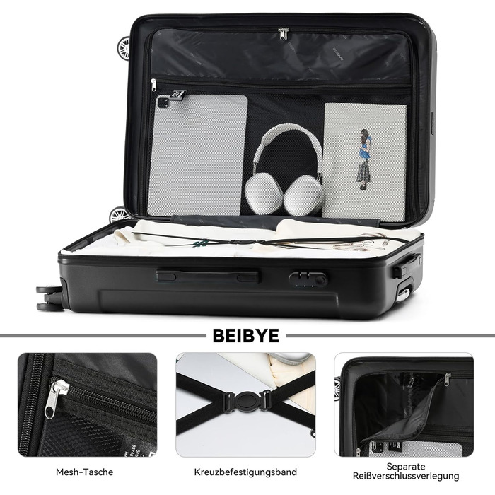 Набір валіз Beibye Hartschalen: M, L, XL (4 колеса) - темно-зелений, чорний