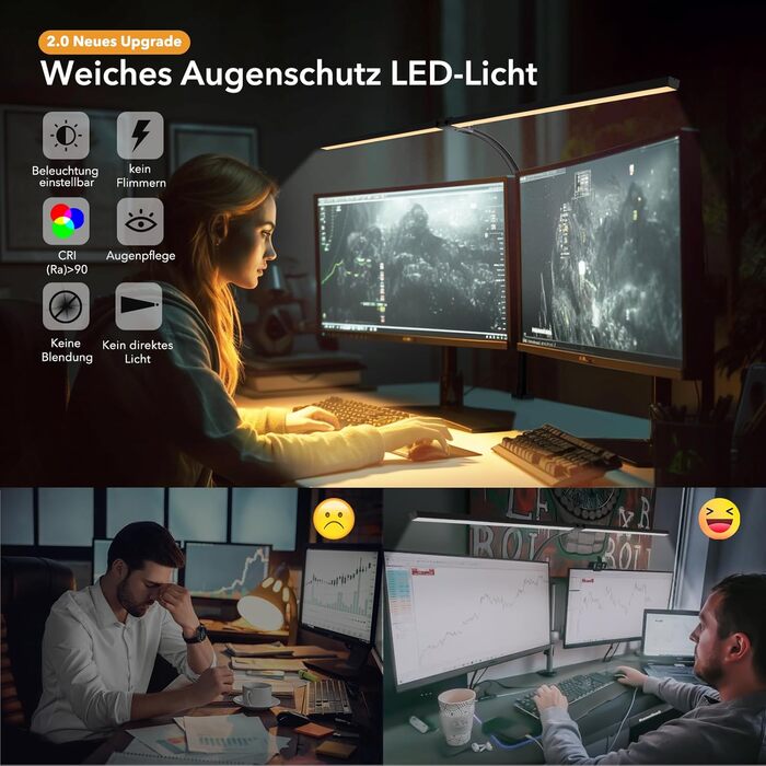 LED лампа настільна Jeebel 24W з двома головками, регулювання яскравості, 1800LM, 80 см, з пультом дистанційного керування, кріплення, 10 температур кольору, 10 рівнів яскравості, для офісу
