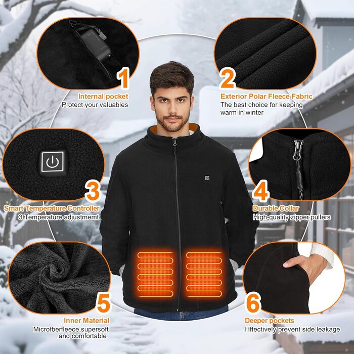 Обогревна куртка TOUVE з 5 зонами підігріву, регулюванням температури, Polar Fleece, для жінок та чоловіків, чорний (2025)