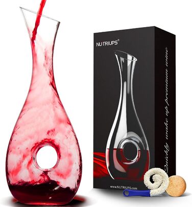 NUTRIUPS Red Wine Decanter, Crystal Glass Wine Carafe, Lead-Free Wine Carafe, Wine Decanting Vessel, Decanting Wine, Decanter in Hollow Circle Shape, 1.2L Decanter for Wine Lovers (straight)