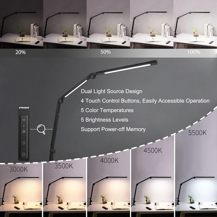 LED лампа EYOCEAN для столу з регульованою яскравістю та двома джерелами світла, архітекторська лампа для офісу, 15W, захист очей, кріпиться на стіл