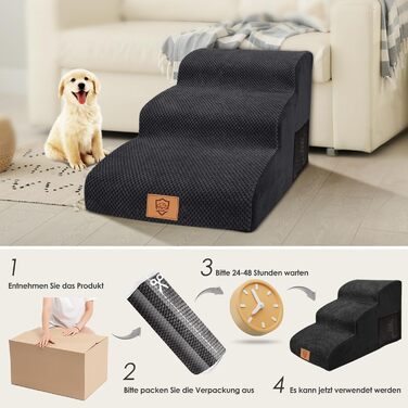Myiosus Dog Stairs, 2 Steps Pet Stairs, Waterproof Dog Steps Made of Sponge, Non-Slip Dog Ramp for Sofa Bed, Washable Cover Dog Stairs, Portable Cat Stairs (Dog Stairs 3 Steps, Black)