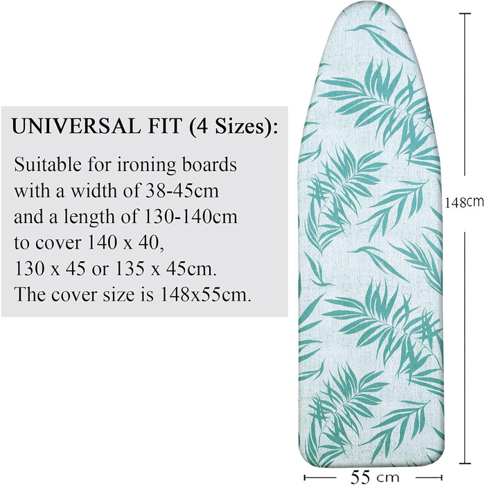 Чохол для гладильної дошки, 140 x 50 см, великий з бавовни, товстий, антиковзкий, розмір XXL (Листя, зелений)