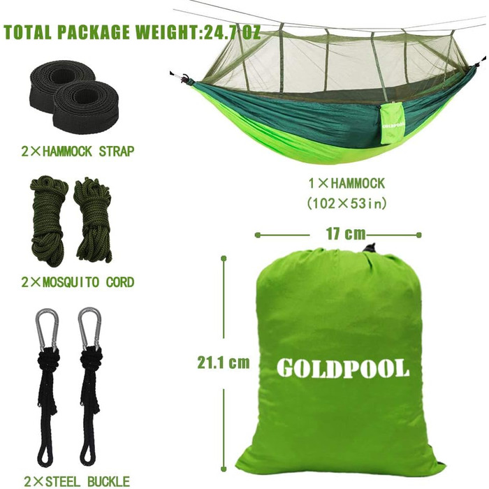 Гамак кемпінговий GOLDPOOL (275x140 см), темно-зелений - надміцний (до 300 кг), парашутний нейлон, 2 карабіни, 2 стропи