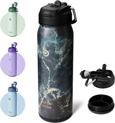 BOTTLE BOTTLE Stainless Steel Water Bottle 24oz (709ml) with Straw Handle and Pill Compartment for Outdoor School, Insulated Sports Bottle (Meteorite)