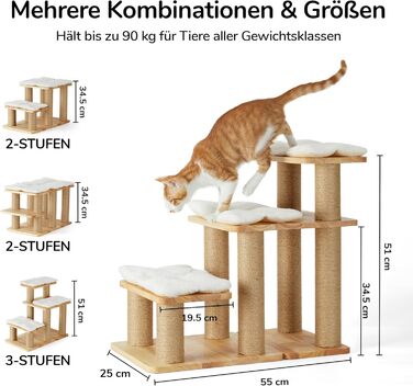 Сходинки для собак FUKUMARU, 3 сходинки, для домашніх тварин, з натурального гумового дерева та джуту, регульована висота 18-51 см, витримує до 90 кг, знімний м'який килимок, 6 варіантів комбінації, білий килимок
