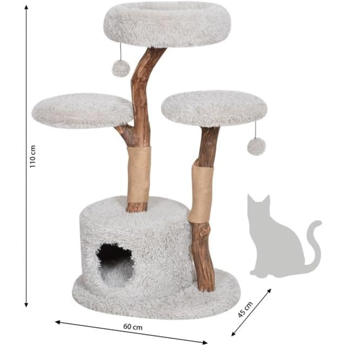 Котячий будиночок Dehner Premium Lovely: кігтеточка, лежанка, печера | для великих та маленьких котів | дерево, плюш, сизаль | стабільний, сучасний, сірий | 110 x 60 x 45 см
