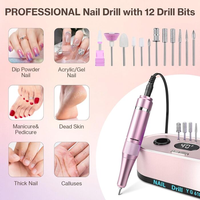 Електрична шліфувальна машинка для нігтів, професійна, 40000 об/хв, LCD, манікюр/педикюр, набір з багатофункціональною базою, рожевий