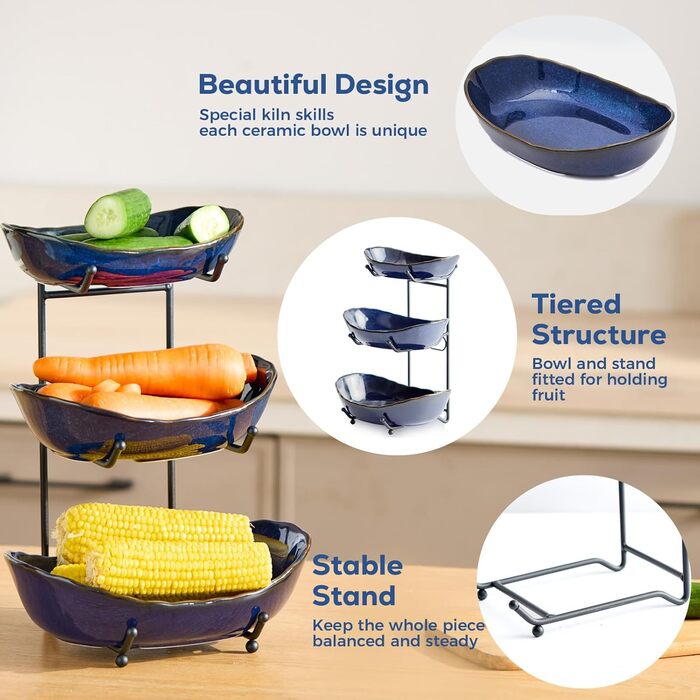 DUJUST Трирівнева етажерка для фруктів з кераміки, 3 яруси, сучасний дизайн, обпалена глазур, для кухні, зберігання фруктів, стабільна, придатна для миття в посудомийній машині