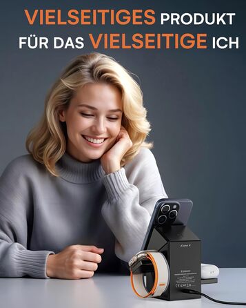 ZEEHOO Зарядна станція 3 в 1 для Apple MagSafe, iPhone 16/15/14/13/12, Apple Watch та AirPods (30W USB-C), Чорний