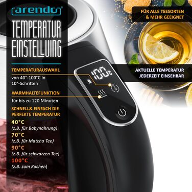 Електричний чайник Arendo зі скляною колбою, регулюванням температури, нержавіючою сталлю, LED-підсвічуванням, 2200 Вт, 1.8 л, 2 кришки (з та без сита для чаю), фільтр від накипу, функція підтримки тепла