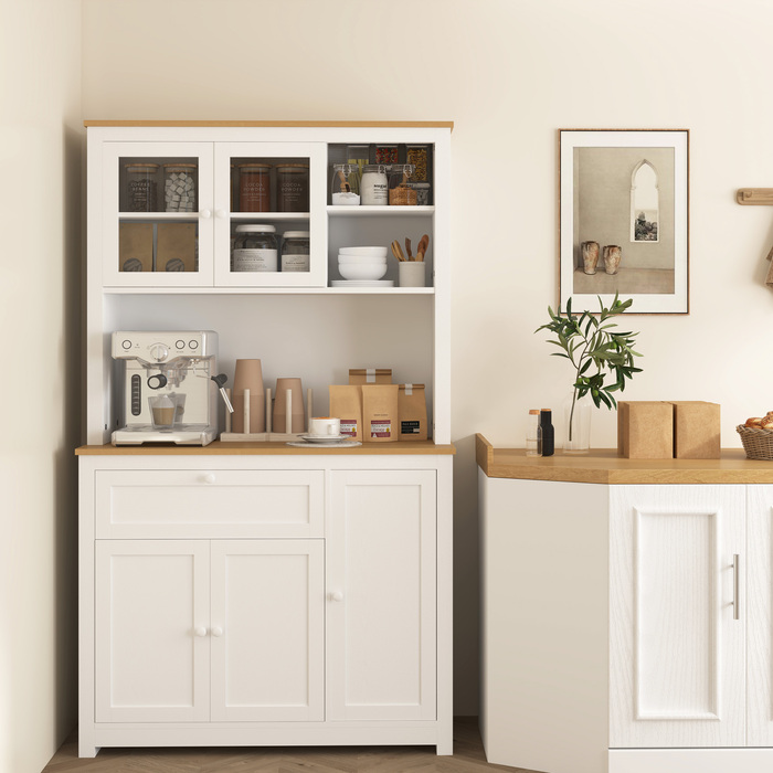 HOMCOM Farmhouse-Style Kitchen Cabinet with 1 Vitrine (Glass-Front Cabinet), 1 Open Shelf, 1 Drawer, and 2 Cabinets, Natural + White