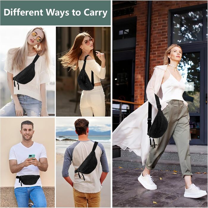 Жіноча сумка через плече, поясна сумка, сумка кросбоді з корду, стильна та практична нагрудна сумка, сумка на пояс, на стегно, для спорту, подорожей, бігу, школи, зелена (чорна)