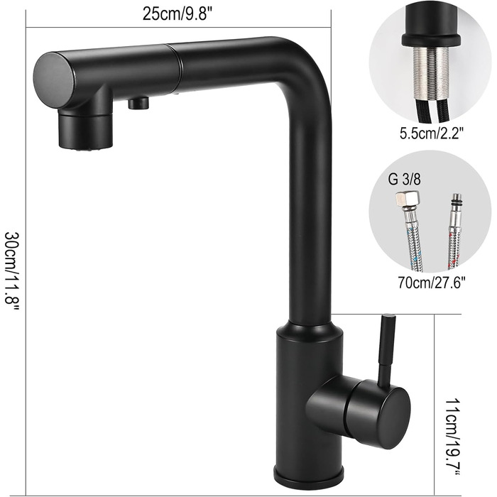 Кран кухонний висувний Cieex, 360° поворот, 4 режими, з душем, нержавіюча сталь, чорний