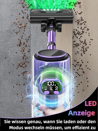 Бездротовий акумуляторний пилосос 45000 Па/500 Вт/45 хв з LED-дисплеєм та щіткою проти намотування, висувний шланг 73 см для твердих поверхонь, килимів, шерсті тварин, фіолетовий