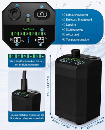 Портативний кемпінговий душ LANMOU з насосом та акумулятором 12000mAh, водонепроникний IPX8 для подорожей, кемпінгу та Vanlife