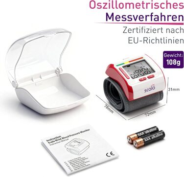 Тонометр на зап'ястя Scala SC 6400 - точний вимірювач артеріального тиску з індикатором ВООЗ, 85 місця пам'яті, Fuzzy Logic, з коробкою та батарейками, манжета 13,5-19,5 см