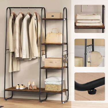 Clothes Rack, Stable Wardrobe, Clothes Rail with 5 Shelves, 6 Hooks, Black Metal Coat Rack, Freestanding Coat Stand