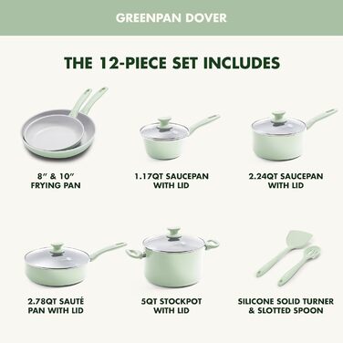 Набір кухонного посуду GreenPan Dover Healthy Ceramic, 12 предметів, антипригарне покриття, без PFAS, для миття в посудомийній машині, зручні ручки, кремово-білий