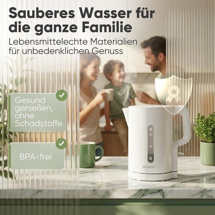 Електричний чайник Bomann WK 6090 CB (1,7л, 2200W, білий) з нержавіючої сталі, BPA Free, з індикатором рівня води та захистом від перегріву