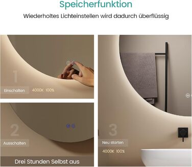 Дзеркало для ванної кімнати EMKE круглої форми з підсвічуванням 80 см - кругле дзеркало з 3 кольорами світла, регулюванням яскравості, сенсорним управлінням, функцією пам'яті та енергозбереженням. Розміри: 80 см x 80 см