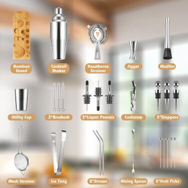Stainless Steel Cocktail Shaker Set - Professional Mixology Bar Set for Home, Bar & Parties - Includes 26oz Schuster Shaker