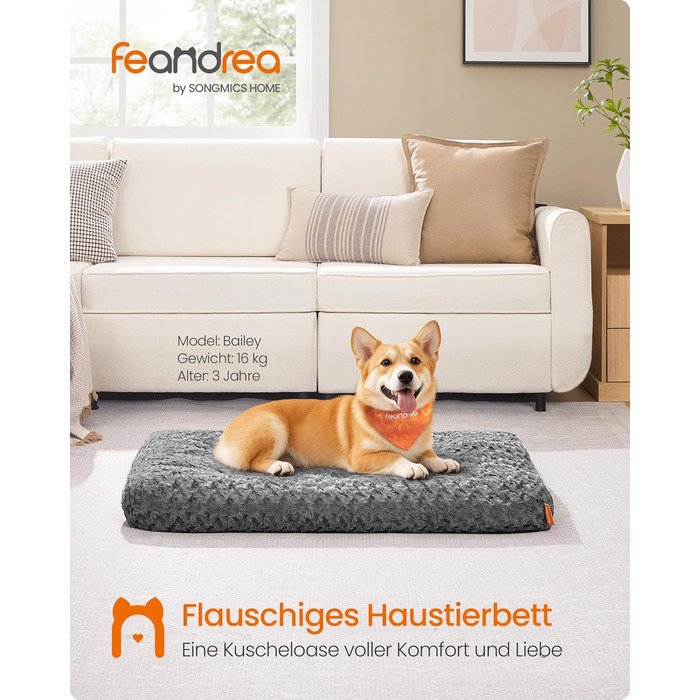 Ліжко для собак Feandrea XL, м'яка підстилка для великих собак, 110 x 73 см, сірий колір, PGW293GN01