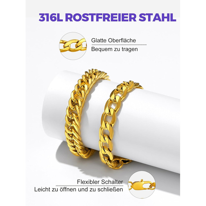 Набір браслетів для чоловіків Richsteel з нержавіючої сталі, 3 шт. (Чорний/Сталь/Золото), 9/8/4 мм, довжина 19/21/23 см, для подарунка